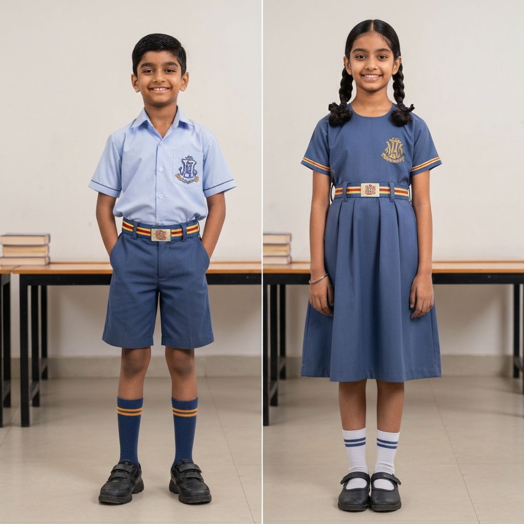 Indian school students in uniform showcasing socks, belts and badges
